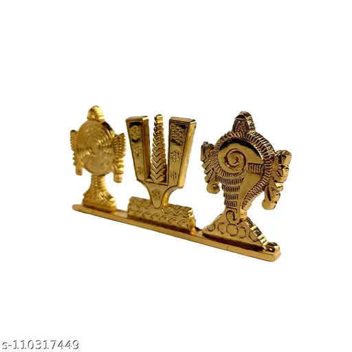 Antique gold-plated Tirupati Balaji Symbol Stand Shankh Chakra Namah, decorative for car dashboard, home or office table. Indian religious gift idol, brings positivity and repels negative energy. Suitable for yoga room, meditation room, or living room. Perfect for housewarming, festive occasions, marriage anniversary, parent's day, wedding return gifts, birthdays, office/shop inauguration, or corporate gifts. Dimensions: 11x1x5 cm (LXWXH), weight: 90 grams, made of aluminum