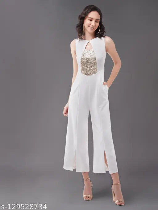 White polyester solid v-neck jumpsuit, sleeveless with off white sequin panel, Indian origin