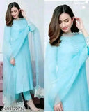 Light blue embroidered kurta set with matching dupatta and churidar pajamas