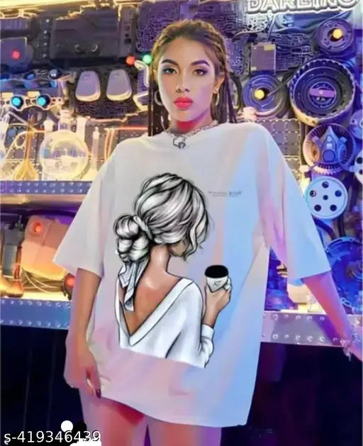 Woman wearing a white graphic t-shirt with an illustration of a woman holding a coffee cup