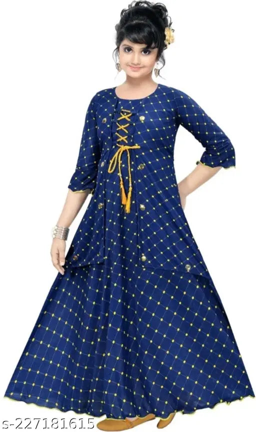 Cotton blend checked gown for kids, three-quarter sleeves, vibrant and stylish