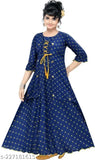 Cotton blend checked gown for kids, three-quarter sleeves, vibrant and stylish