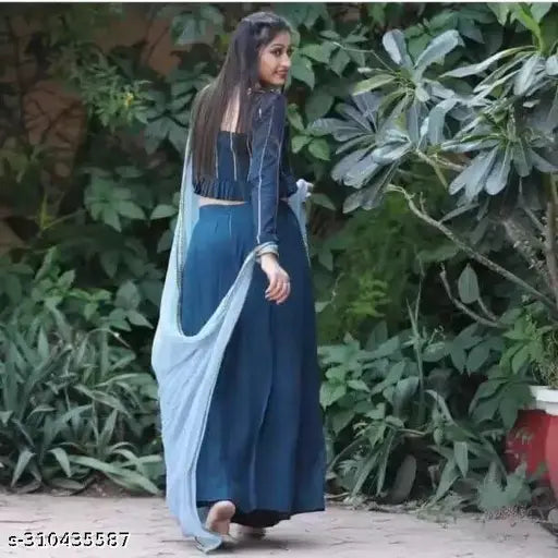 Black Rayon Crop Top and Palazzo Set - Intricate lace design, long sleeves, hand wash only, Western style A-line, India origin