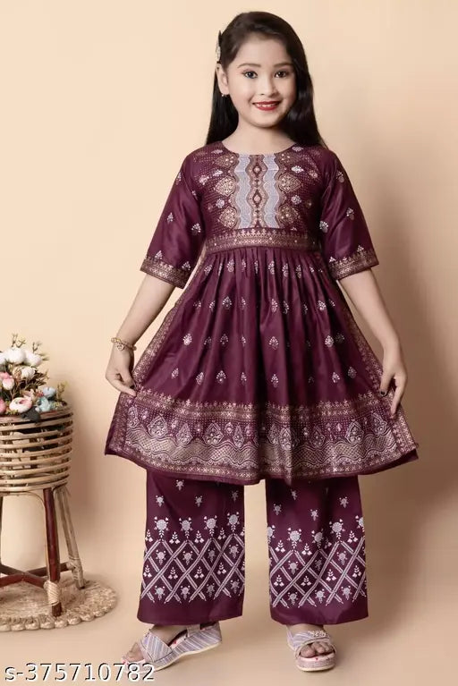 Maroon rayon Naira print kurta and palazzo set for girls by Rahul Mullick