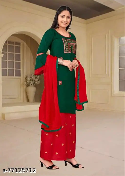 Green and red dupatta set, traditional design
