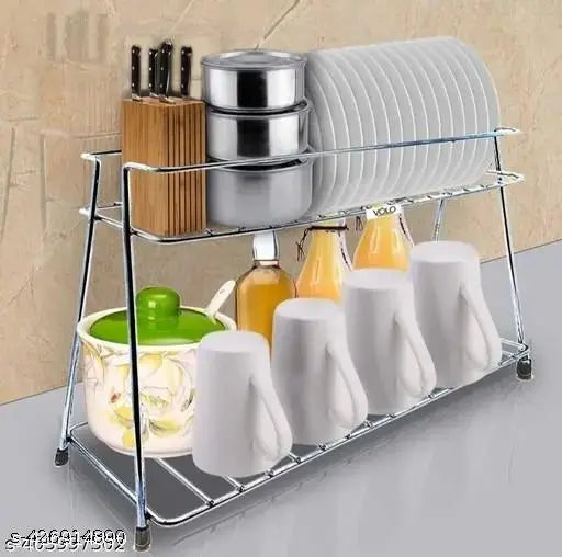 Stainless steel kitchen rack with two tiers for organizing boxes, utensils, dishes and plates. Space-saving countertop stand with 12 clear plastic containers included