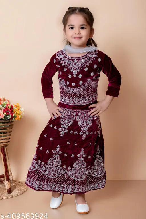 Velvet and silk embroidered Lehanga Cholis for kids (6-12 years), Indian traditional attire