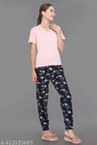 Women's cotton night suit set, featuring two pieces in solid print design - t-shirt top and pyjama bottom, available in sizes S to XXL. Made from a cotton blend fabric