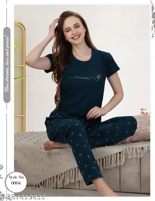 Teal hosiery night suit: printed half sleeve T-shirt & pyjama pants set, women's sleepwear with relaxed fit and adjustable drawstring waist