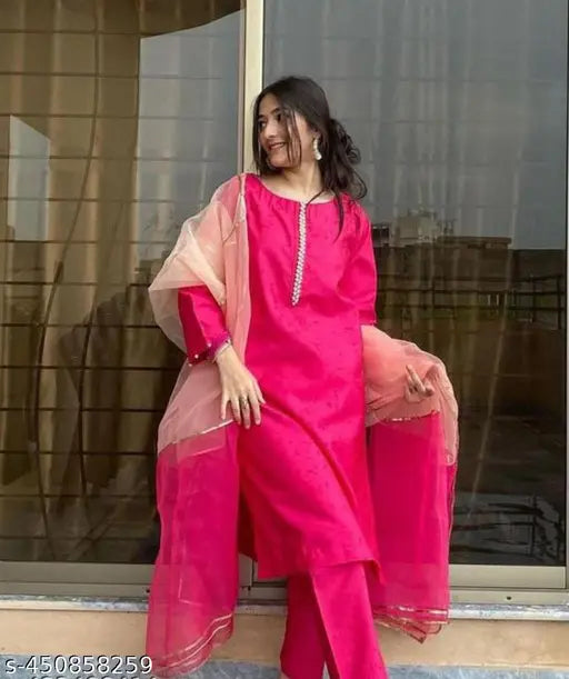 Ethnic woman's outfit: Red kameez, printed dupatta, salwar pants, long sleeves