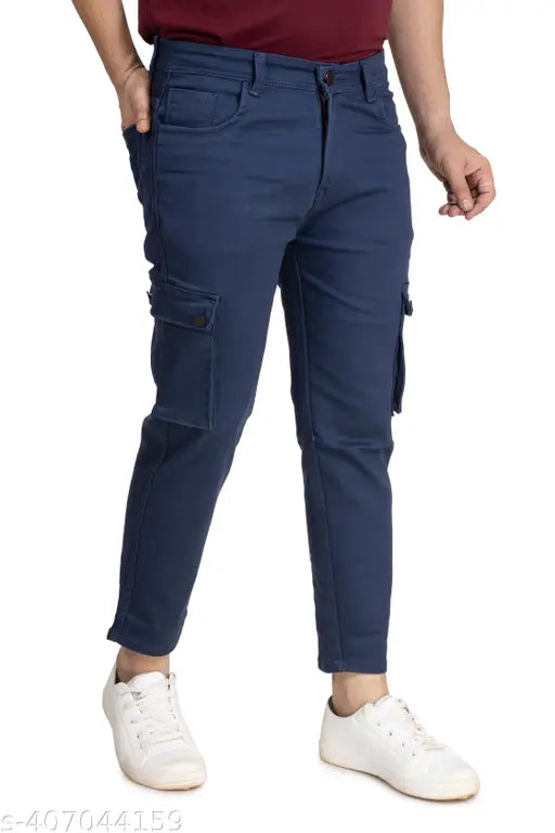 Cotton blue cargo denim for men with spacious pockets and belt loops, classic denim styling. #CargoCool #MensFashion