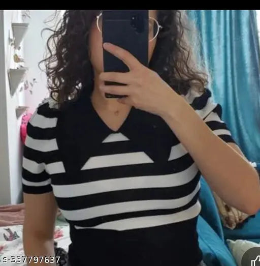 Striped lycra short-sleeve crop top, women's regular fit partywear tunics for versatile events, India origin