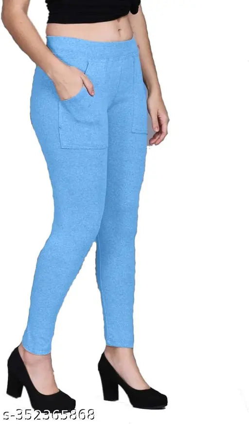 Gorgeous Queen Pinkdenim Blue cotton blend jeggings for women, solid pattern and pocket detail, size 28/waist 28in/length 35in