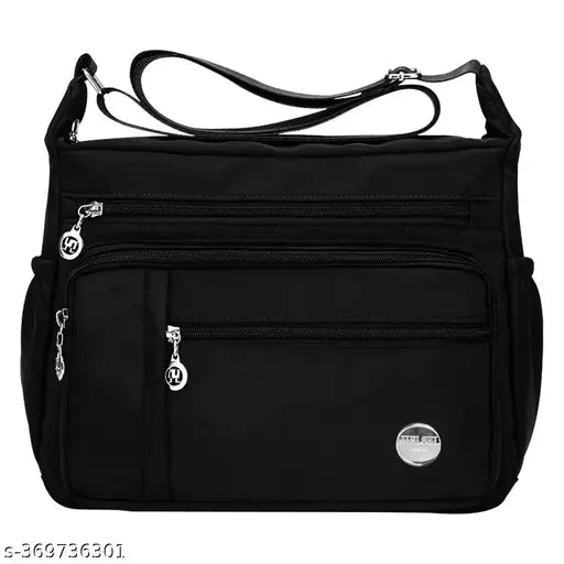 Black nylon waterproof crossbody bag, adjustable shoulder strap, multi pockets
