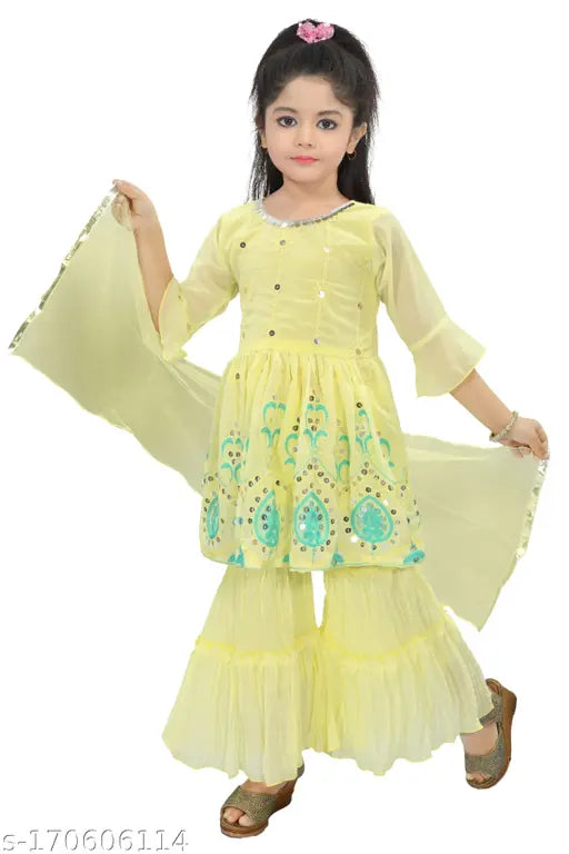 Chiffon Anarkali Kurta Set with Sharara - Embroidered, trending girls ethnic wear, Diwali celebration