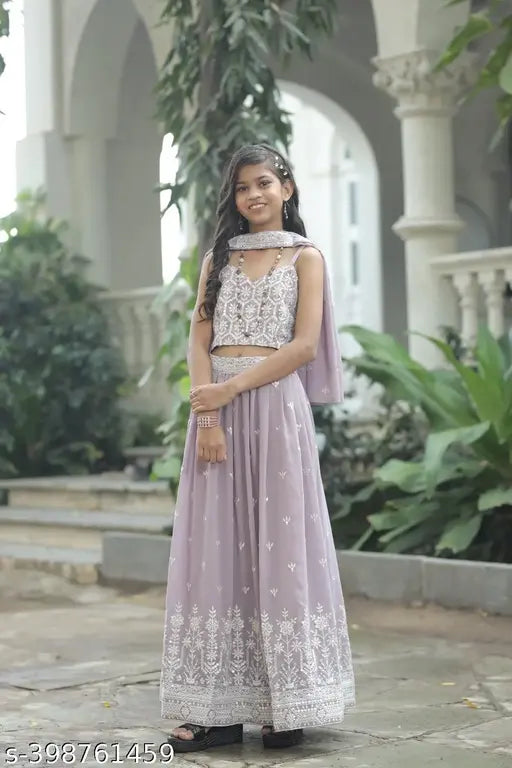Girls lavender cotton lehenga choli suit, intricate sequin embroidery, India-made, perfect for special occasions