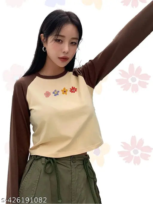 Cotton long-sleeved printed crop raglan t-shirt for women, size chart included, made in India