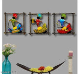 Handpainted metal Langa musician showpiece set (3), vibrant Indian wall art for home decor and gifting, 9.5"x9.5"x2.5