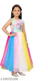 Multicolor net princess gown for kids, featuring corsage and high low style. Available in silver, light green, pink. Perfect fit for parties, weddings, or festivals like Diwali, Navratri, Dussehra, Pongal, Onam, Lohri, Eid, Christmas. Sizes: 4-5 Years (Bust Size: 23 in, Length Size: 30 in), suitable for various occasions and events
