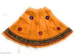 Yellow designer cotton printed lehenga choli set for girls, handcrafted in India featuring ethnic motif and short sleeves