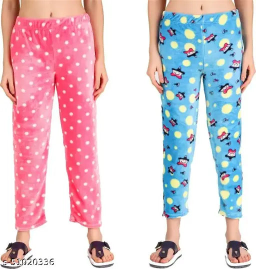 Woolen fleece pyjamas for women in three colors: red, blue, and pink