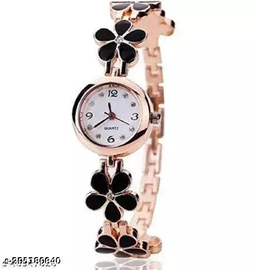 Women's rose gold bracelet with white analog watch, floral pattern design