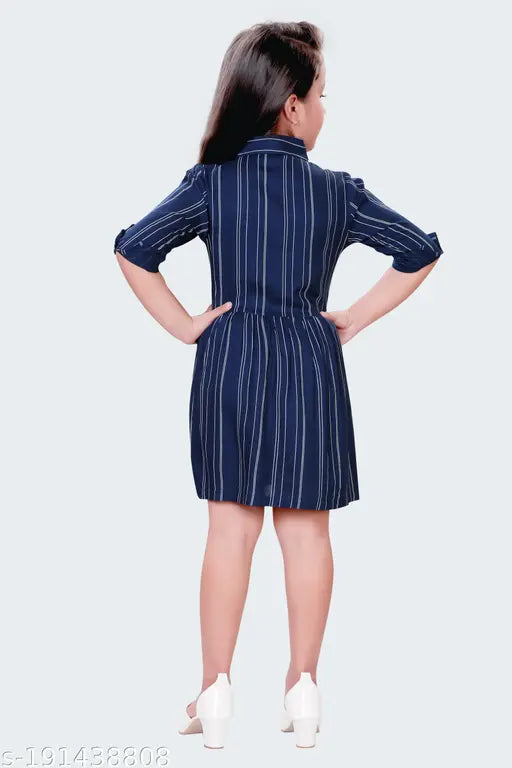 Girls' navy blue striped shirt dress, pack of 1, long sleeve