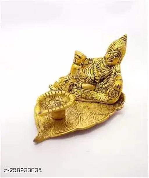 Metal Kamdhenu Statue: Aluminium Gold Kubera Deepak Oil Lamp, used in Lakshmi Kubera Pooja for prosperity and material growth (9cm height)
