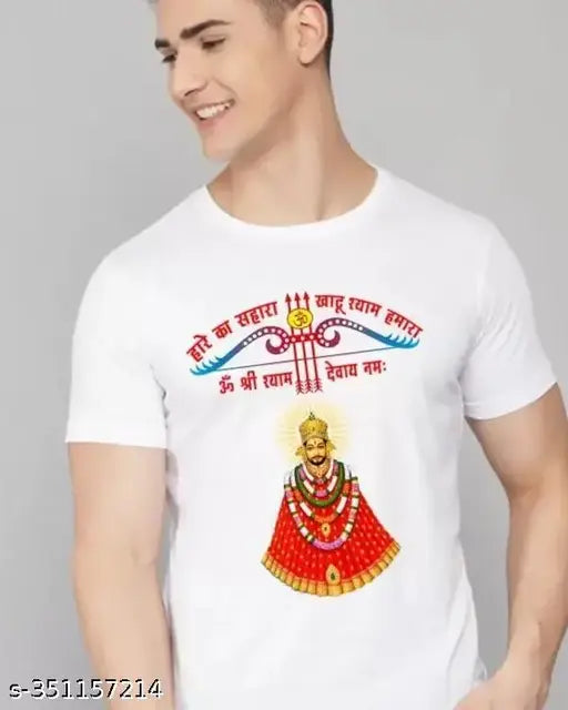 Polyester Khatu Shyam Baba printed t-shirt with short sleeves, Indian devotional art