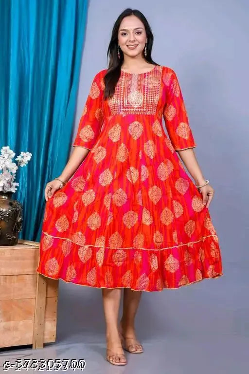 Red rayon three-quarter sleeve anarkali kurti with gold print, Indian traditional women's fashion
