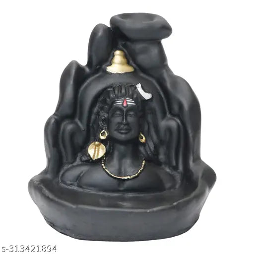 10cm Black Gold Polyresin Shiva Adiyogi Backflow Incense Holder with 21 scented cones - Indian handcrafted decorative showpiece