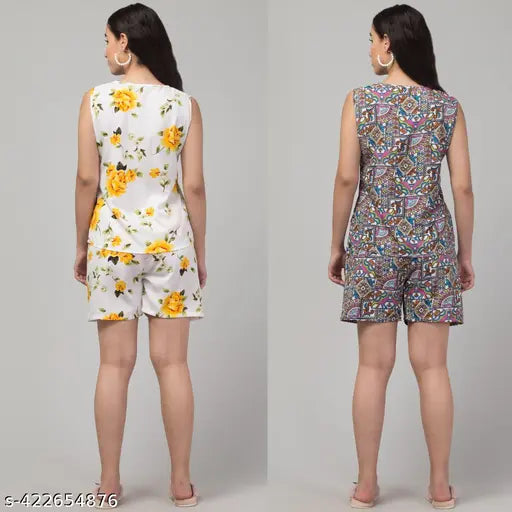 Printed crepe top and shorts set for women, sleeveless, vibrant pattern, various sizes available (S-XXXL), from India