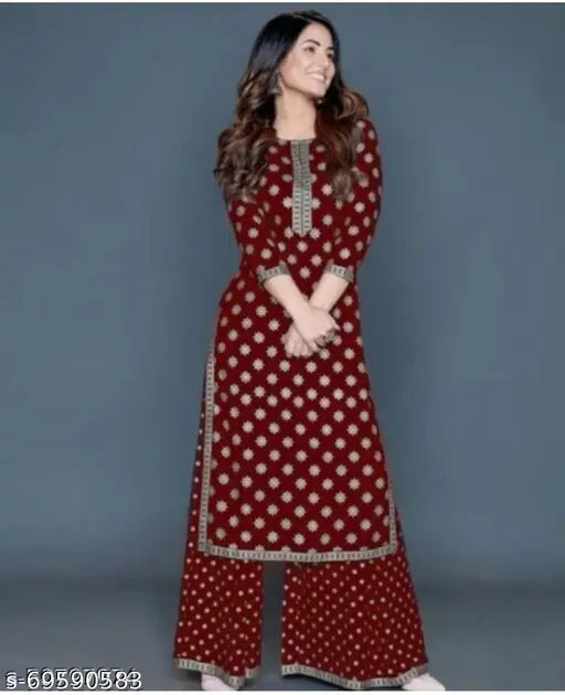 Rayon Aakarsha women's kurta set with printed net palazzo bottoms, three-quarter sleeves in size M or L, Indian origin