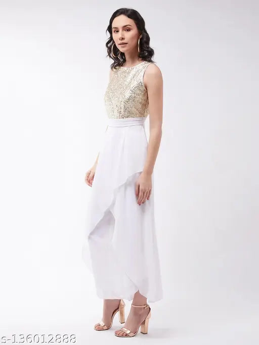 White polyester women's solid round neck jumpsuit by Miss Chase, off-white relaxed fit with zip closure & 2 side pockets