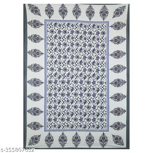 White Jaipuri cotton bedsheet with blue floral print, 100% cotton, single bed sheet.
