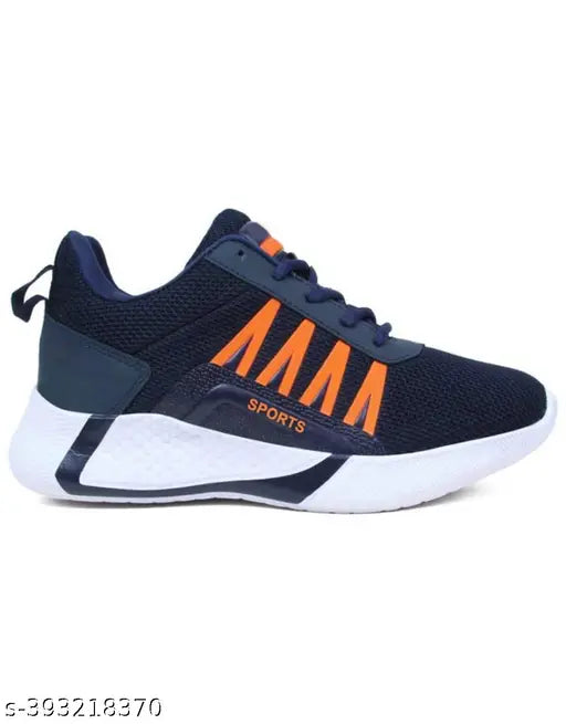 Athletic running shoes with blue, orange and black color scheme