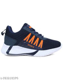 Athletic running shoes with blue, orange and black color scheme
