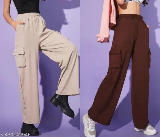 Brown cotton cargo pants with side pockets, high waist