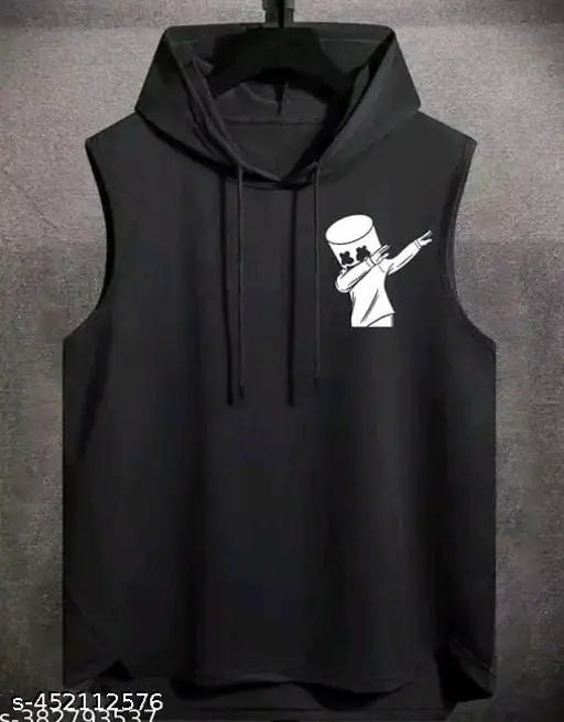 Men's sleeveless poly blend hoodie from Sendo, printed net design. Size S (36in chest, 26in length), M (38in chest, 27in length), L (40in chest, 28in length), XL (42in chest, 29in length). Made in India