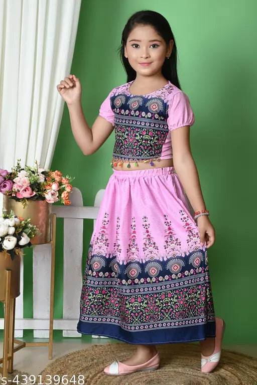 Kids printed dupion silk lehenga choli with botanical pattern, short sleeves and matching dupion silk dupatta