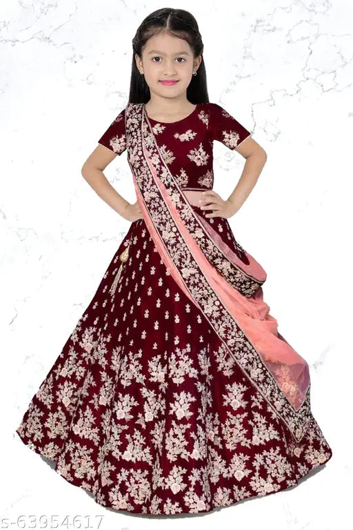 Taffeta silk Lehanga Cholis/choti bachi ka lehenga, net dupatta, embroidered, short sleeves - Indian traditional kids' attire for weddings, festivals, special events