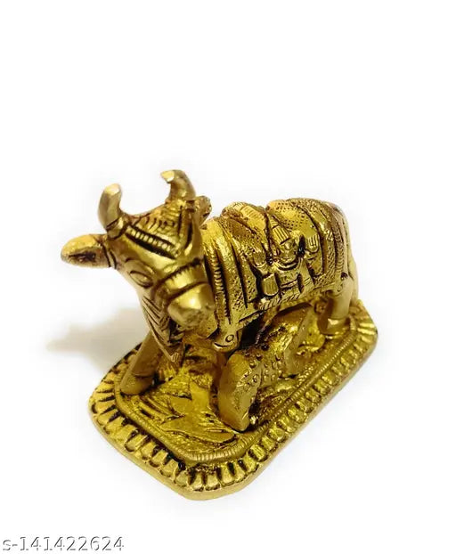 Brass statue Cow & Calf, Indian animal figurine, yellow metal, 7cmL x 5.5cmH x 4cmW, 160gm for home decor or pooja articles