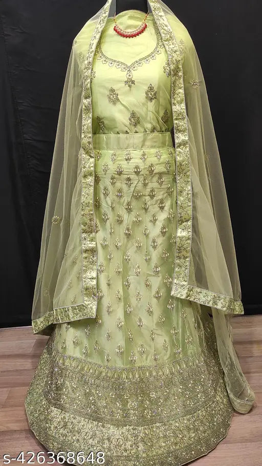 Embroidered diamond-work net Lehenga Choli set with dupatta, free size, 43in waist, 42in length, 70in dupatta length