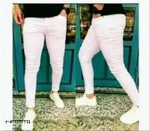 White cotton blend lycra pants, slim fit, lightweight and comfortable for men's casual wear