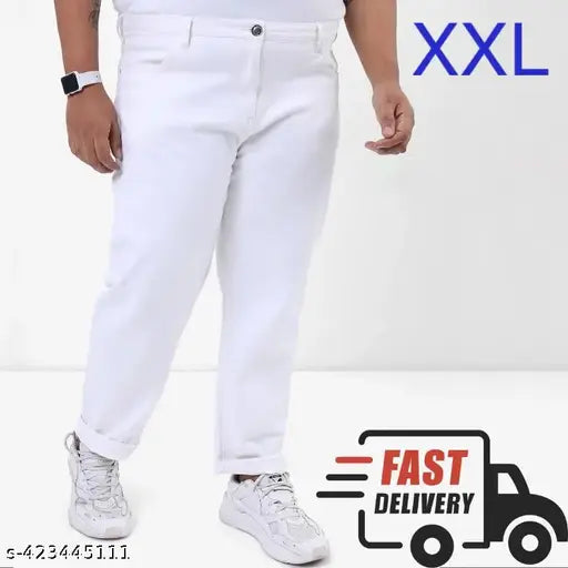 White denim Plus-size SilmFit jeans for men, solid net fabric and comfortable fit