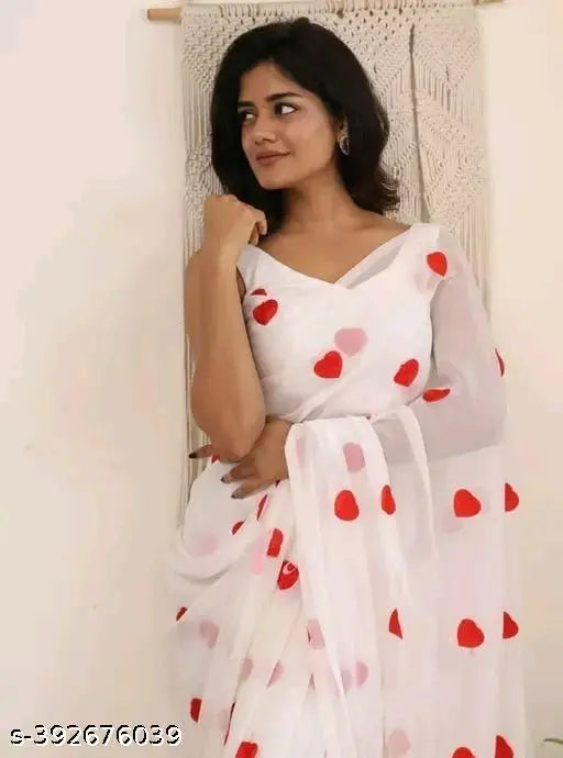 White georgette embroidered saree, sleeveless blouse with red hearts, designed by Treandy, available on Gillkart