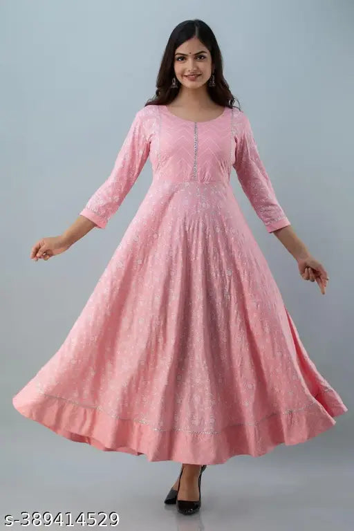 Pink women's printed flared round neck viscose rayon kurta with long sleeves and ankle length