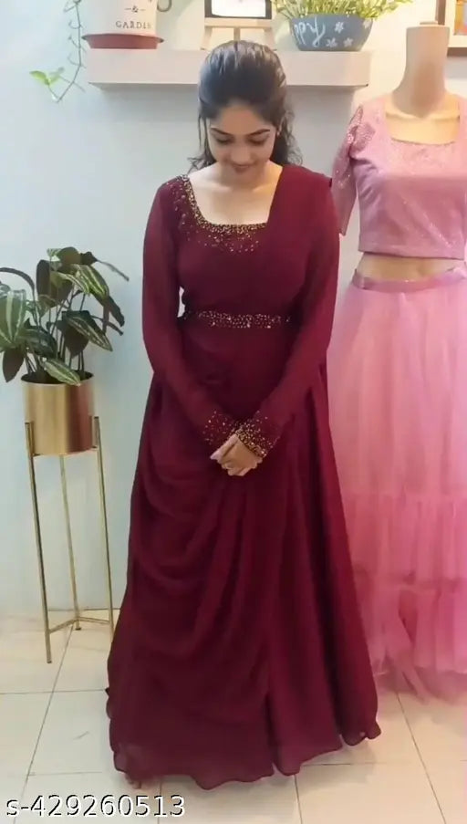 Maroon Georgette long sleeve dress, solid pattern, traditional collection, belt included
