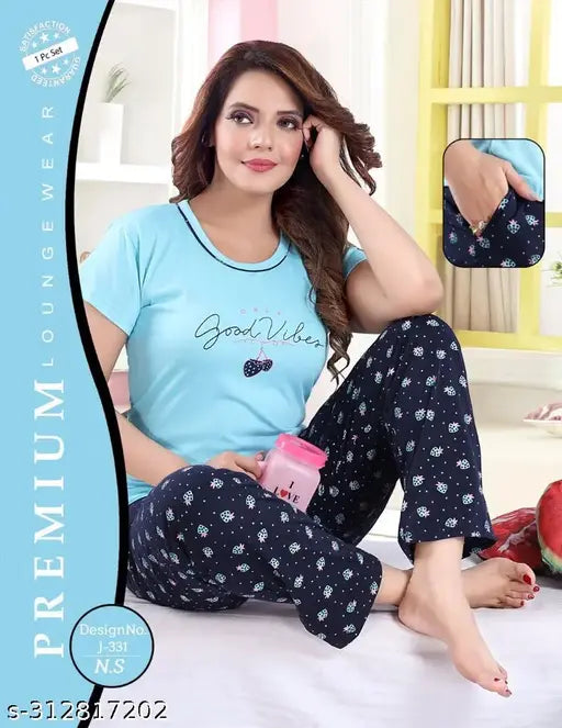 Skyblue hosiery printed half sleeve T-shirt & pants pyjama set for women, soft cotton sleepwear with feminine piping detail, Indian origin
