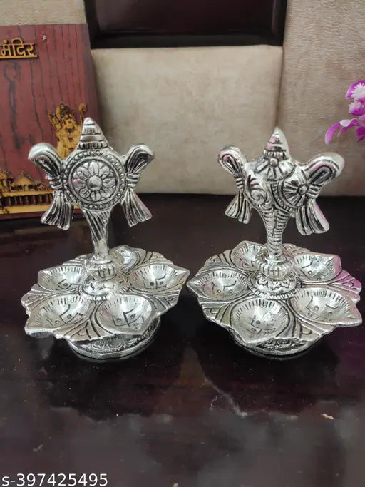 Silver Panch Mukhi Tirupati Balaji Diya Set of 2 for Table, Indian metal God idol diyas on Shanku stand